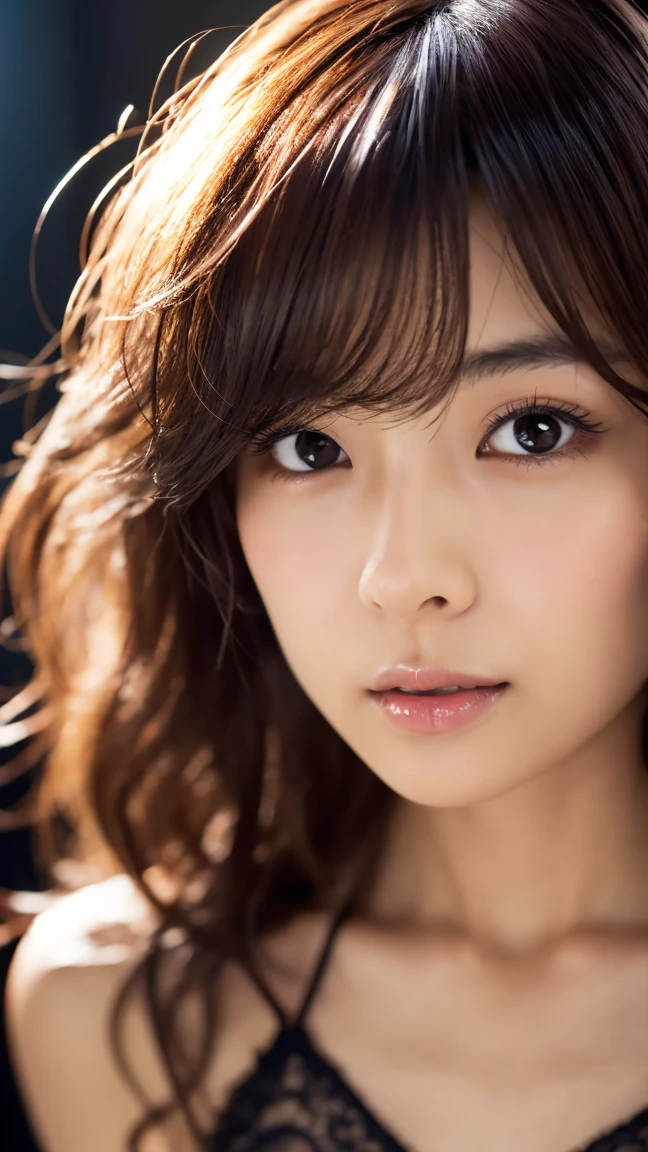 (Masseter muscle area:1.3)、(8K、Reality、Raw photo、Highest quality: 1.4)、(One Girl)、Beautiful Face、(A vivid face)、(Brown Hair:1.5)、(Long Hair)、Beautiful hairstyle、（One eye is hidden by bangs：1.5）、Realistic eyes、Beautiful details、（Realistic Skin）、Beautiful skins、（Black sweater）、Absurd、attractive、Ultra-high resolution、Surreal、High definition、Golden Ratio,Big Breasts