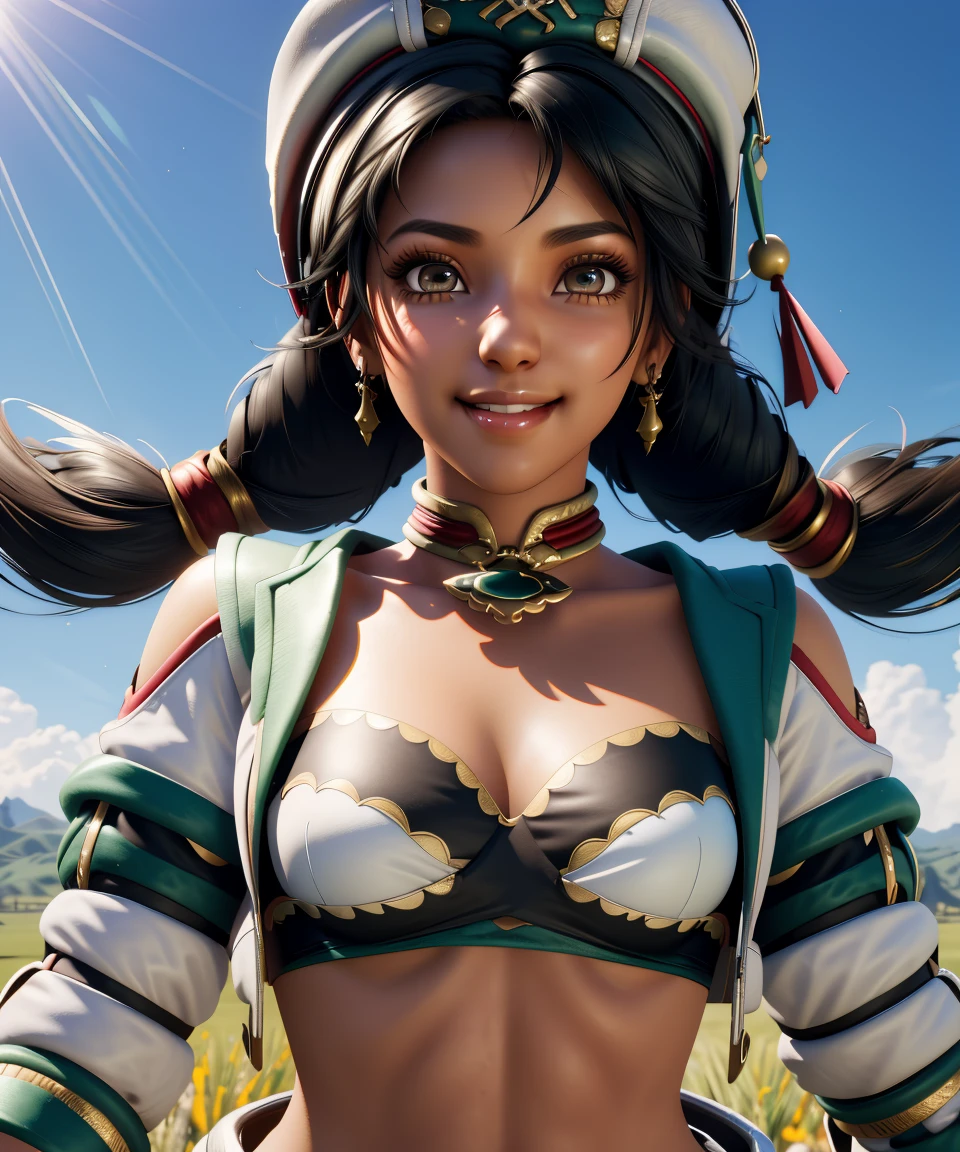 talim,black hair,twintails,brown eyes,
white hat,midriff,green top,white shorts,thigh cutout,cropped jacket,jewelry,
small town,plains, wind, 
upper body,standing,smile,
(insanely detailed, beautiful detailed face,beautiful detailed eyes, masterpiece, best quality) cinematic lighting,