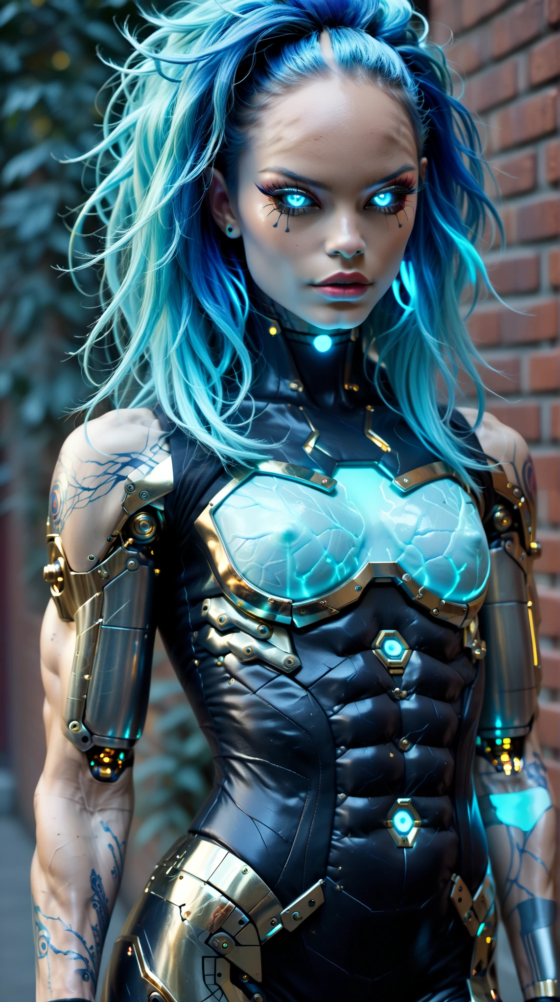 score_9, score_8_up, score_7_up, (three quarters Shot), (1 girl), (asian), beautiful teenage (skinny) muscular goth cyborg girl, (full Cybernetic bodysuit:1.5), (black sclera:1.5), (blue glowing eyes:1.5), (blue glowing body veins:1.5), (flat chest:1.25), (blue glowing hair:1.25), (beautiful face:1.25), (bodybuilder muscular physique:1.5), (lightening emanating from skin:1.25), (intricate gold filigree:1.25), bimbo lips, cowboy shot, cybernetic, mechanoid body parts, exposed cables and circuits, neon lights, gothic neon style, cyber punk style, super realistic image, beautiful digital paint , hyper Realistic illustrations, DonMM4ch1n3W0rldXL, CyberRealistic_Negative_PONY-neg,CyberRealistic_Negative_PONY