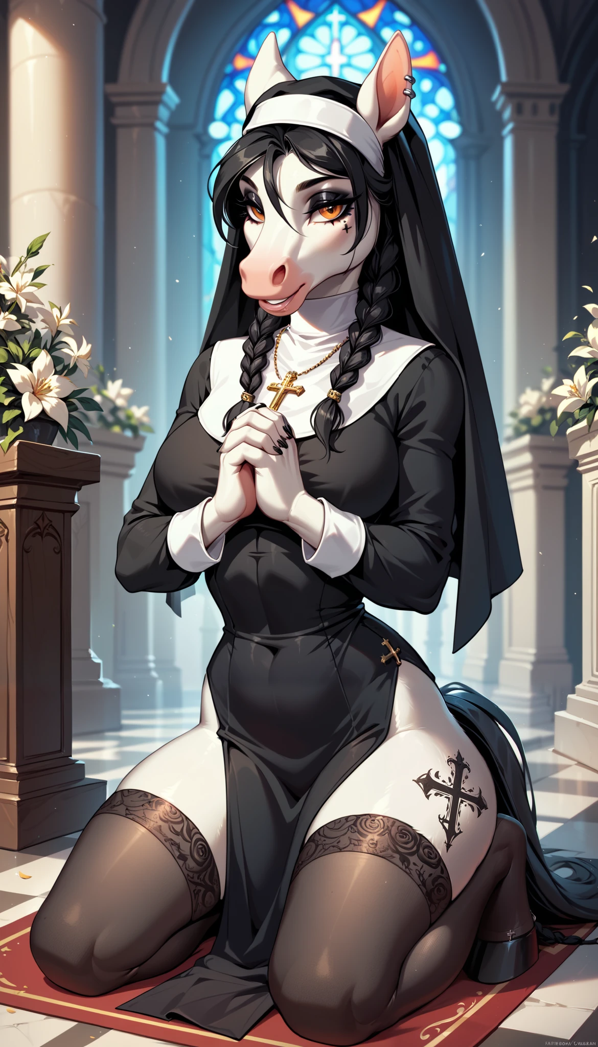 score_9, score_8_up, score_7_up, score_6_up, source_anime, BREAK 1girl <lora:gothmom-pdxl-nvwls-v1:1> gothmom, multicolored hair, hair over eyes, black lipstick, nun habit, nun's outfit, kneeling, smile, cross necklace, praying