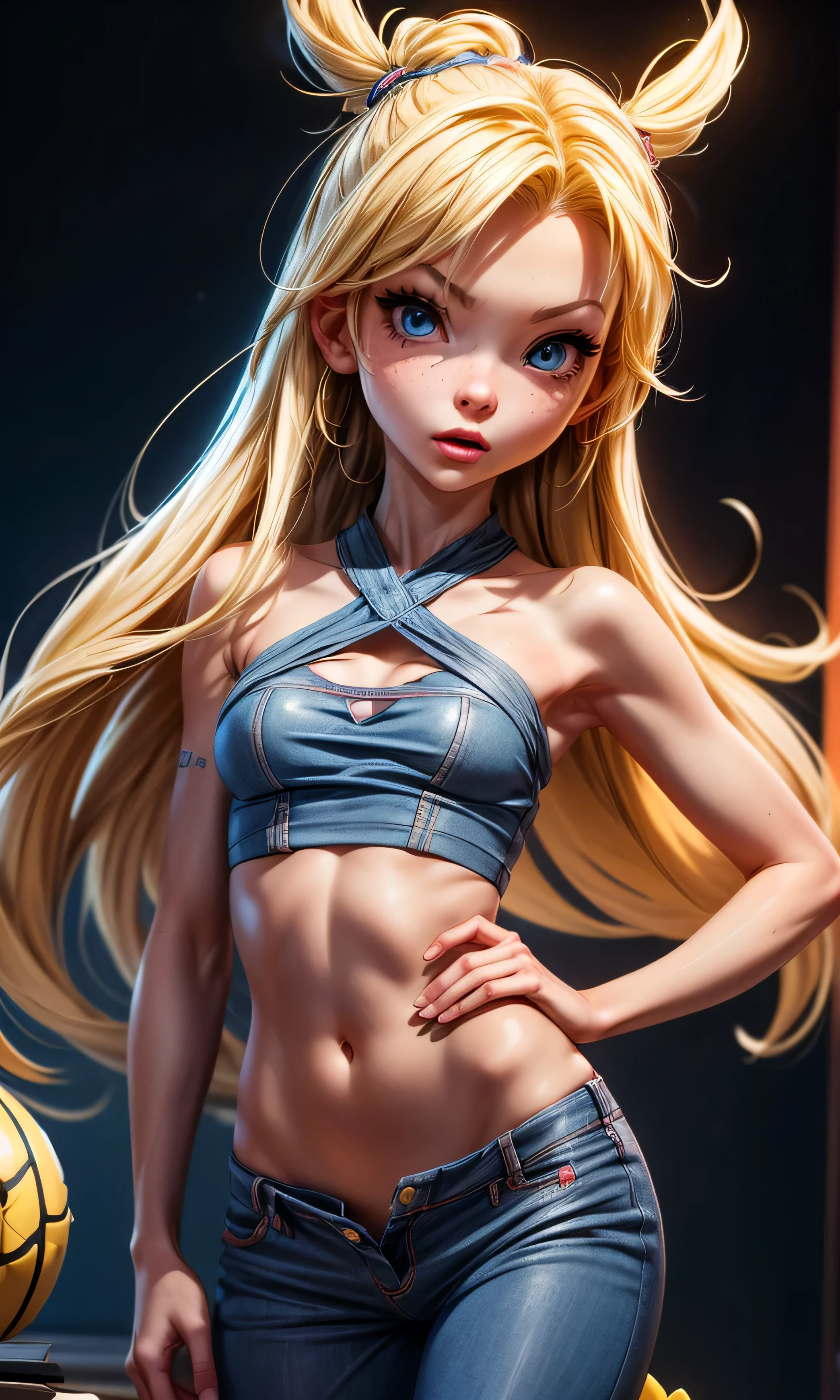 masterpiece, a girl, s, thin and tall, beautiful, blue eyes, blonde hair, full body , flat chest , skinny, pijama amarillo, pijama de SpongeBob, dark background,