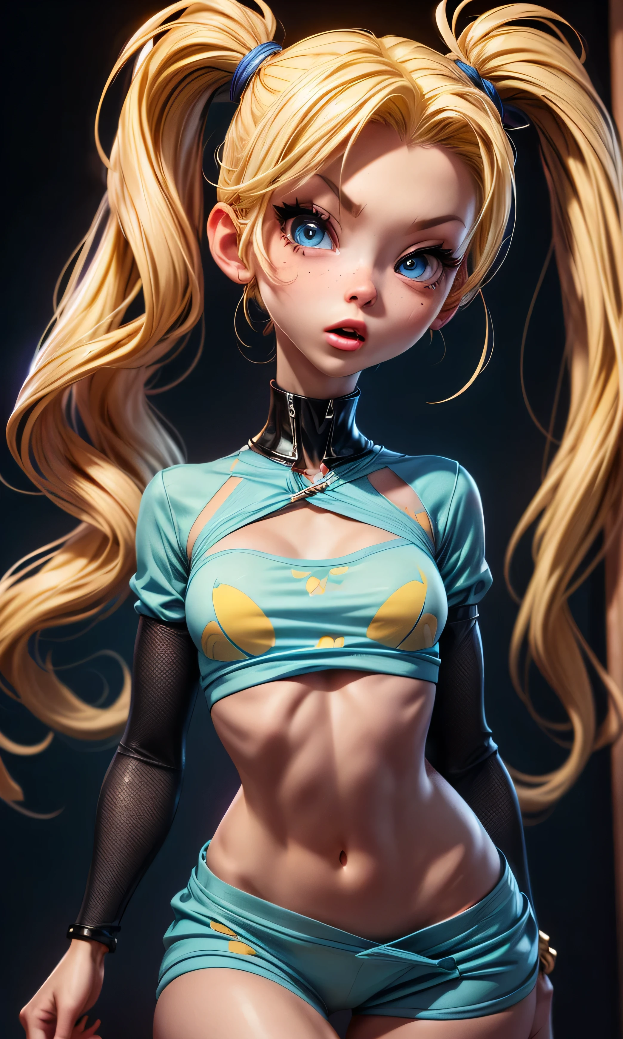 masterpiece, a girl, s, thin and tall, beautiful, blue eyes, blonde hair, full body , flat chest , skinny, pijama amarillo, pijama de SpongeBob, dark background,