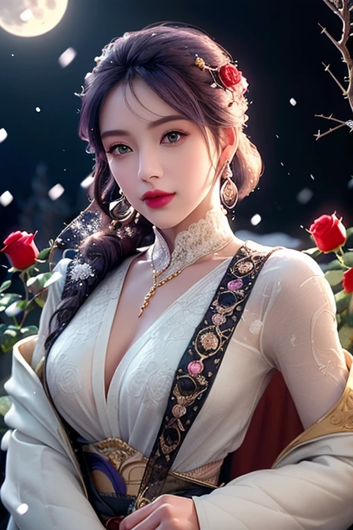 there is a woman in a red and gold dress holding a white rose, a beautiful fantasy empress, palace ,Those two huge breasts were dangling on her snow-white chest, , gigantic cleavage breasts, a girl in hanfu, japanese goddess, ancient chinese princess, beautiful render of tang dynasty, onmyoji, 2. 5 d cgi anime fantasy artwork, onmyoji detailed art, trending on cgstation, onmyoji portrait
