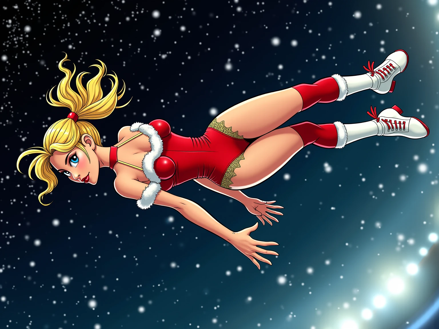 High-quality acrylic painting, VIVID COLORS, back point a view, a beautiful woman with short blonde curly hair, looking at the viewer with suspicious face and a shy smile, red lips, she wears space red rubber opaque armor, hands in the waist, background of nigh of aurora borealis in open sea