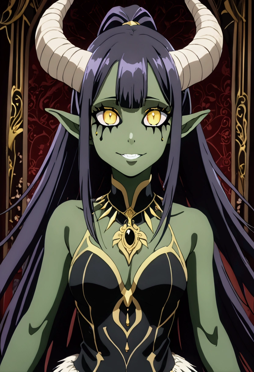 Gobuko,green skin,pointy ears,purple hair,detailed iris,detailed hands,masterpiece, best quality, extremely delicate and beautiful,long hair,blue hair,yellow eyes,ponytail,horns,teeth,pointy ears,necklace,colored skin,spikes,colored sclera,yellow iris,big chest, full body picture, petite,happy, high resolution, highly detailed, perfect lighting, beautiful detailed eyes,(black sclera:1.2),green skin,