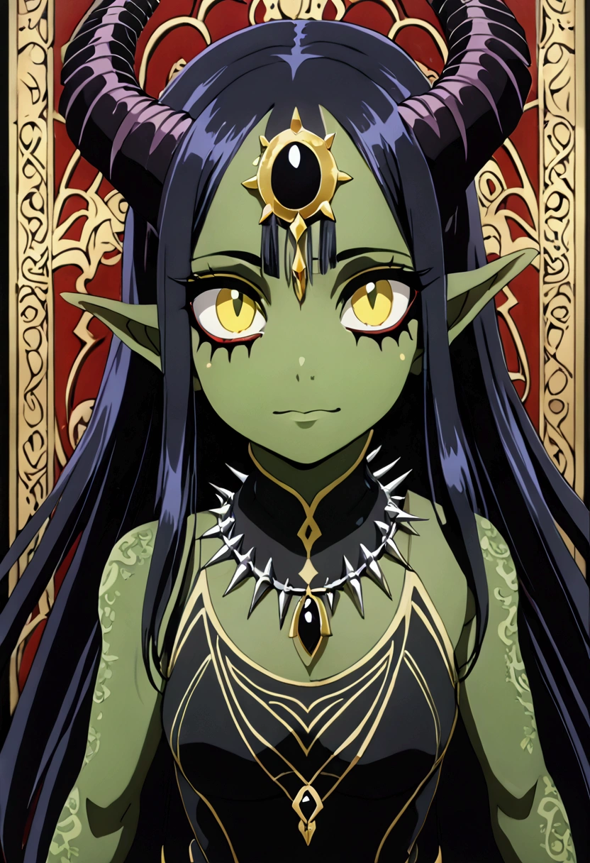 Gobuko,green skin,pointy ears,purple hair,detailed iris,detailed hands,masterpiece, best quality, extremely delicate and beautiful,long hair,blue hair,yellow eyes,ponytail,horns,teeth,pointy ears,necklace,colored skin,spikes,colored sclera,yellow iris,big chest, full body picture, petite,happy, high resolution, highly detailed, perfect lighting, beautiful detailed eyes,(black sclera:1.2),green skin,