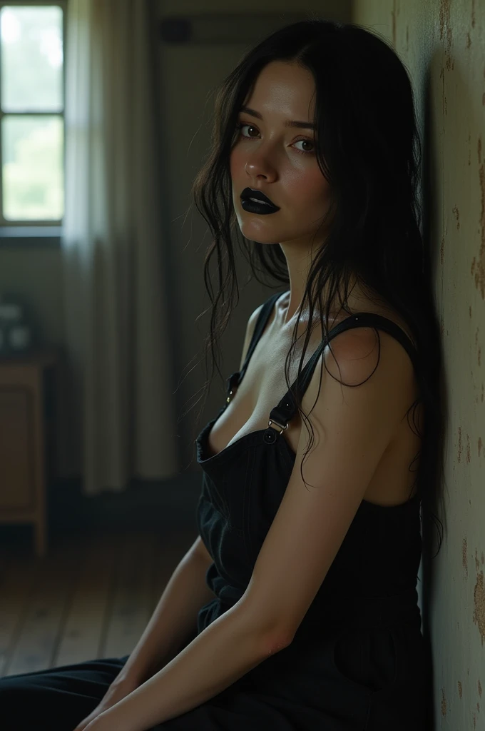 (masterpiece), (realistic with fantasy and horror elements), (full body portrait, below waist pov, close up, looking down at viewer, standing, dark industrial site interior background), uhd quality, best quality, expressive eyes, perfect face, perfect eyes, perfect lips, perfect anatomy, perfect hands, 1 girl, scandinavian girl, pale skin, pale blue eyes, sexy psychotic smirk, crazy eyes, huge boobs, pale nipples, thin waist, beautiful emo makeup, black lipstick, black skintight low-waist latex shorts, bandana as a hat, arms crossed below boobs, insanely detailed,