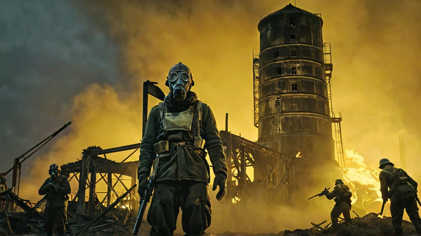 's prayer is very detailed, cinematographic,  Night, dark sky.  A full shot of the character ,  is a destroyed and burned mill and silo on fire when a group of soldiers were wearing a gas mask and carrying a gun, facing viewer ,  A thick yellow fog darkens the sky. , It darkens the sky, from below