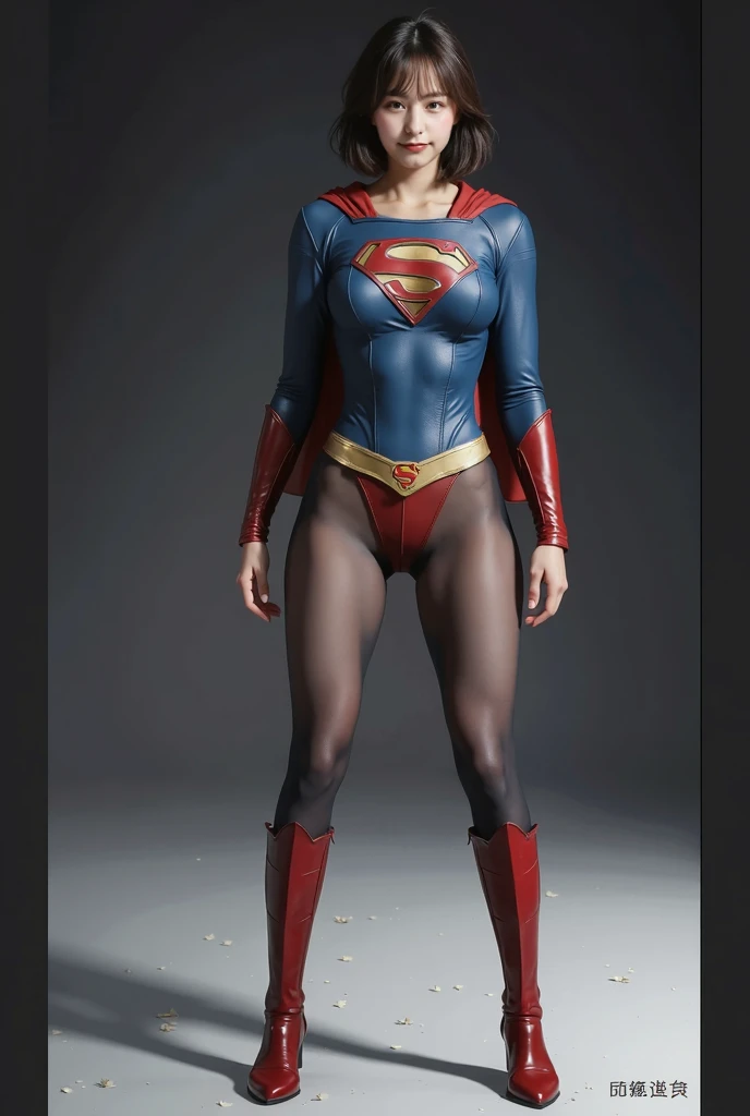 background 、((( Depicting beautiful legs in black tights .)))、((( Legally express the beauty of your smile )))、(((( make the most of your own original image )))、((( Rolling backwards in a supergirl costume )))、(((ボディにフィットした Rolling backwards in a supergirl costume )))、(((Short beautiful hair)))、(((A smile and a wink )))、(((Please wear black tights....、Wear red boots)))、(( top quality、8k))、(( top quality、8k、 masterpiece on penis :1.3))、(((Save the background )))、 Strong concentration:1.2、 beautiful woman with perfect figure in a traditional Japanese room sitting on tatami mat :1.4、 slim abs :1.2、 High resolution face and skin texture 、8k