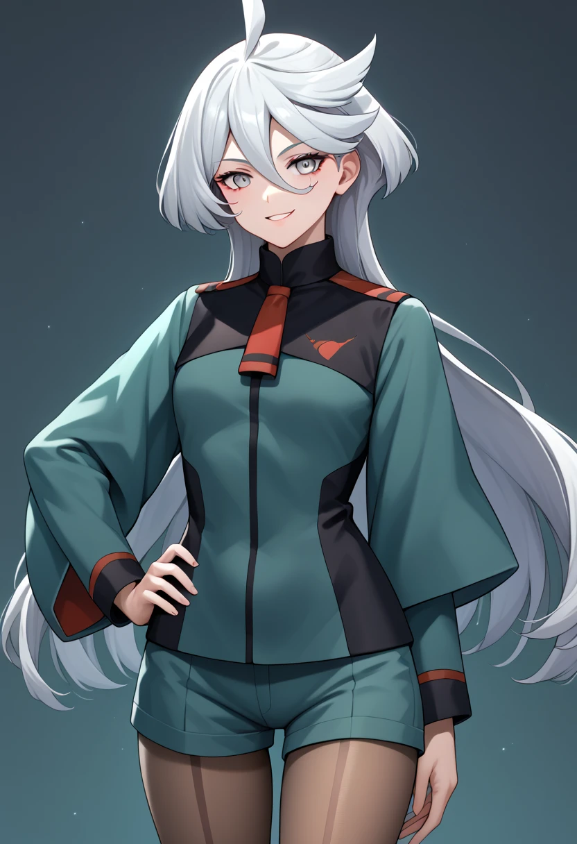 score_9, score_8_up, score_7_up, score_6_up, source_anime, 1 girl, miorine rembran, ahoge, grey eyes, grey hair, hair between eyes, long hair, swept bangs, asticassia school uniform, front-seamed legwear, green jacket, green shorts, jacket, long sleeves, pantyhose, pantyhose under shorts, school uniform, seamed legwear, shorts, shoulder boards, wide sleeves, hand on hip, smirk,naughty smile, void eyes,cowboy shot,simple background
