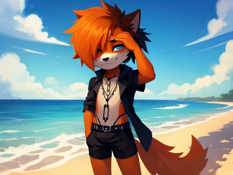 Furry boy, orange dog, detailed body, open shirt, shorts, beach background, hair covering the eyes, different colored eyes, gothic art, best high quality, masterpiece 