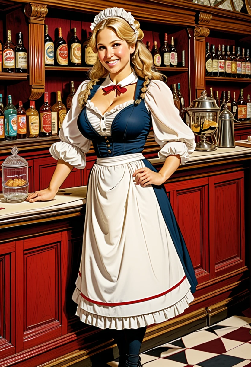 nsfw, photorealistic, beautiful face, (masterpiece:1.4), (best quality:1.4), extremely detailed, hyper-detailed, soft lighting, 38 years old beautiful pin-up woman sweeps with a broom, dressed in a short bib apron, nacked buttock, big breasts, hanging breasts, long hard nipples, short blonde hairbun with a bow in hair, shaved pubic area, (perfect_face), intricate, 4k, detailed_background, full_body, realistic, 8k, sexy, very bashfully smile, very bashfully facial expression