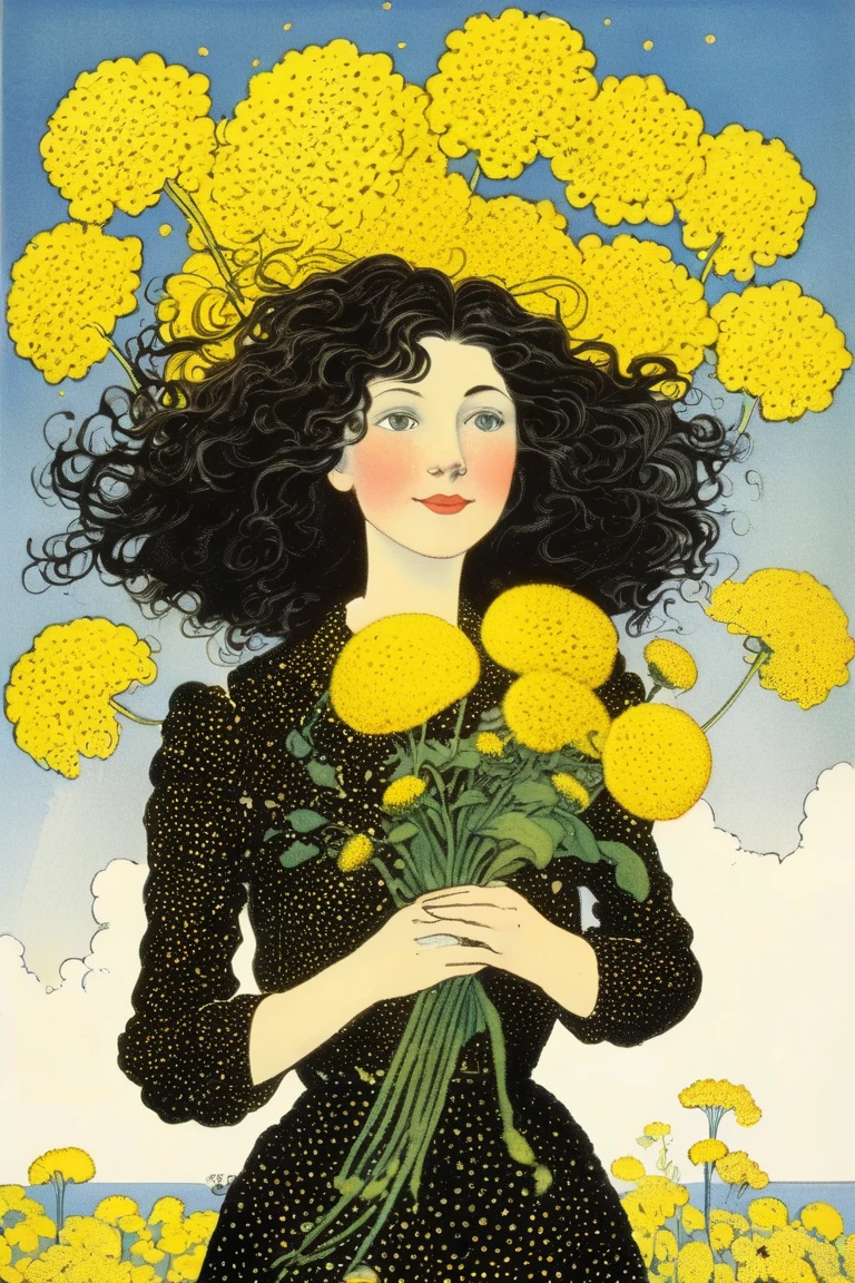 1 femme ,Cheveux noirs ondulés, grands yeux, tenant un bouquet de tournesors jaunes , nuages arrière-plan, une illustration pointilliste, dans le style de l'illustration de livre de Randolph Caldecott 