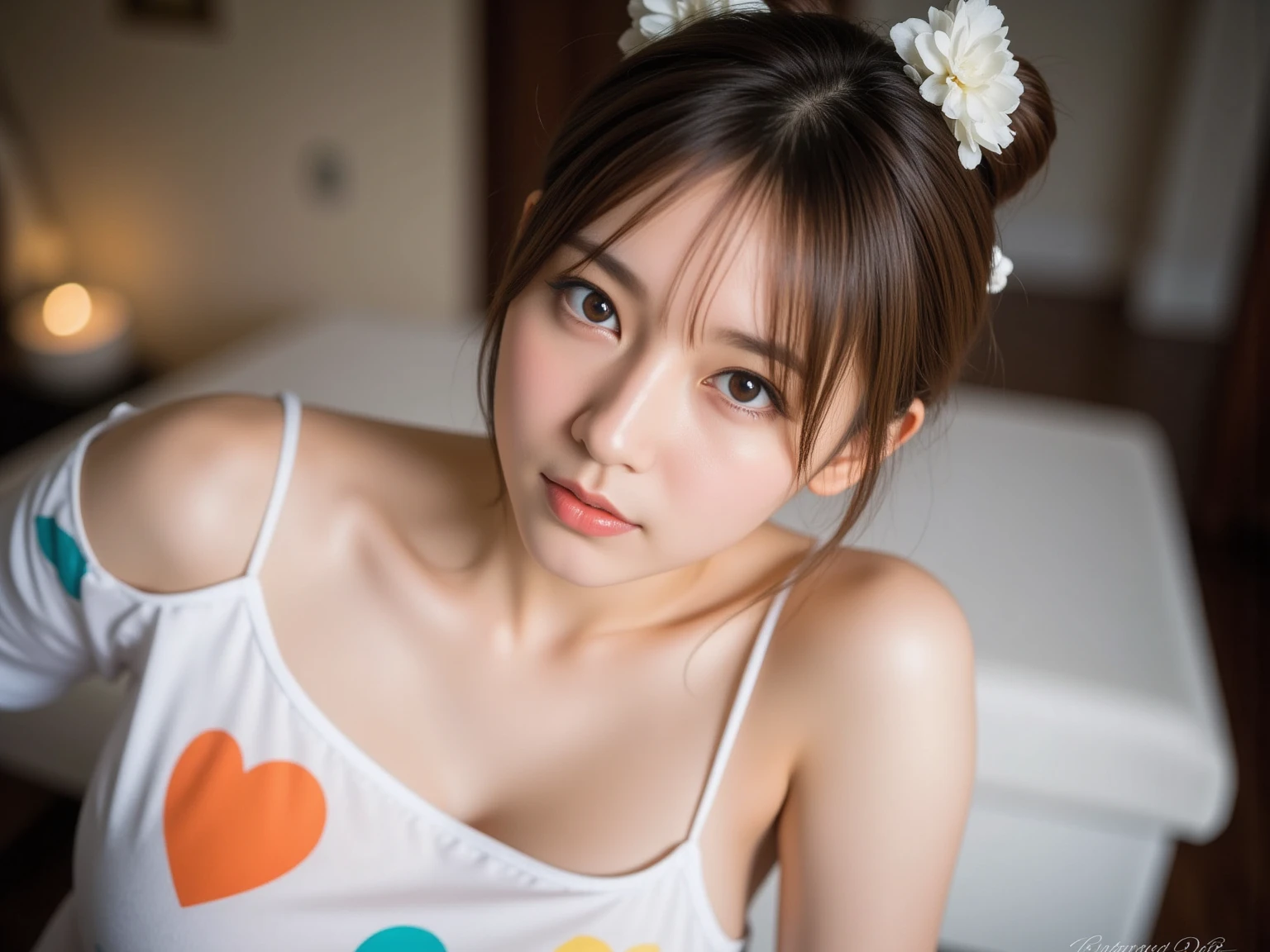 (greatest masterpiece:1.3), ( RAW photos :1.3), professional photography,double eyelid, perfect Makeup,Realistic and beautiful skin,perfect anatomy,cute face,japanese idol,(perfect body,cleavage,slender waist ,slim waist,Beautiful breasts,naked,nipples:1.3),Updo hairstyle,
(dynamic pose,dynamic angles,cheek-to-cheek:1.2),earrings,necklace,cinematic lighting,(A one-shoulder white cropped T-shirt with  big cute  colorful heart printing,hair ornament:1.1),(three idols:1.2)