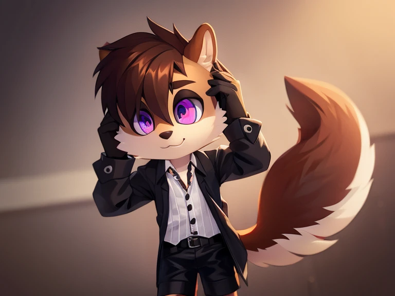 Furry Boy Cute Squirrel Hair Covering Eyes Different Colored Eyes Gothic Art Best High Quality Detailed Body Open Shirt Short Pants 