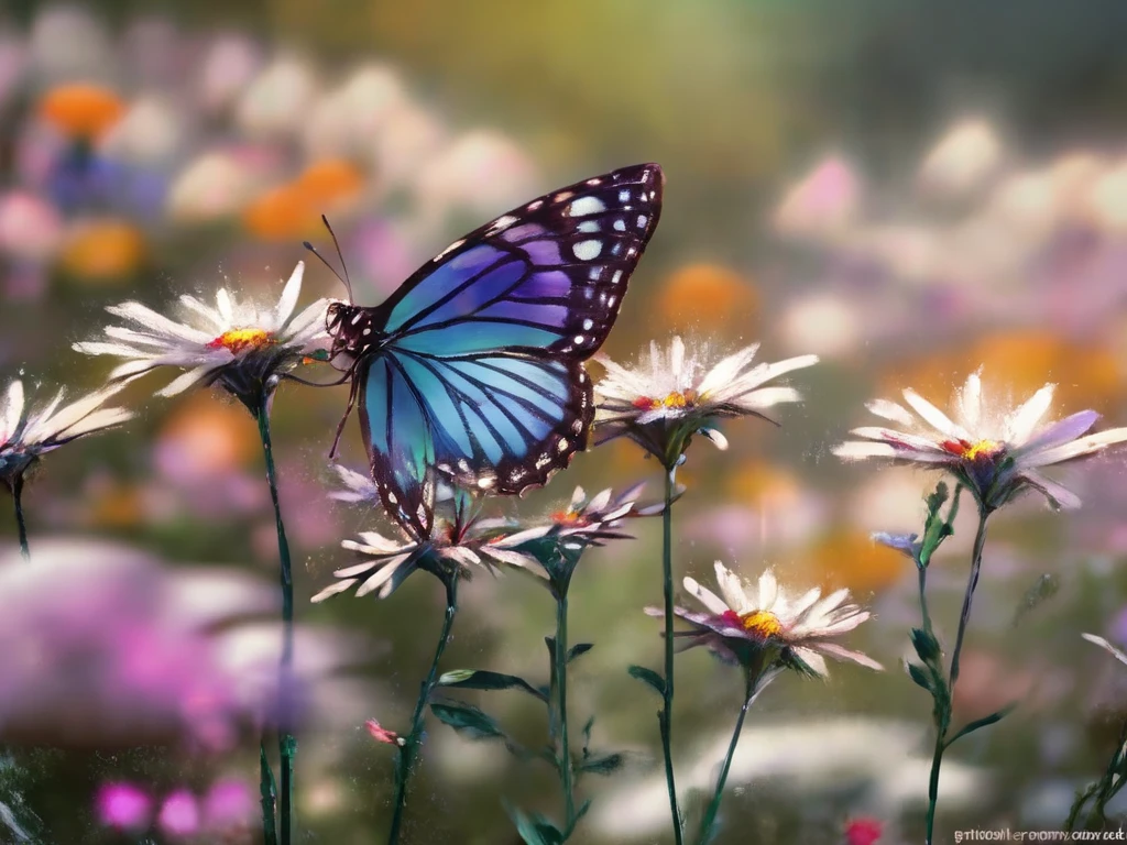 A colorful butterfly in a sunny garden., delicate wings, intricate patterns,  vibrant colors ,  detailed foreground , artistic illustration,  High resolution,  realistic representation ,  soft natural lighting , Floral background, vivid hues, serene atmosphere.