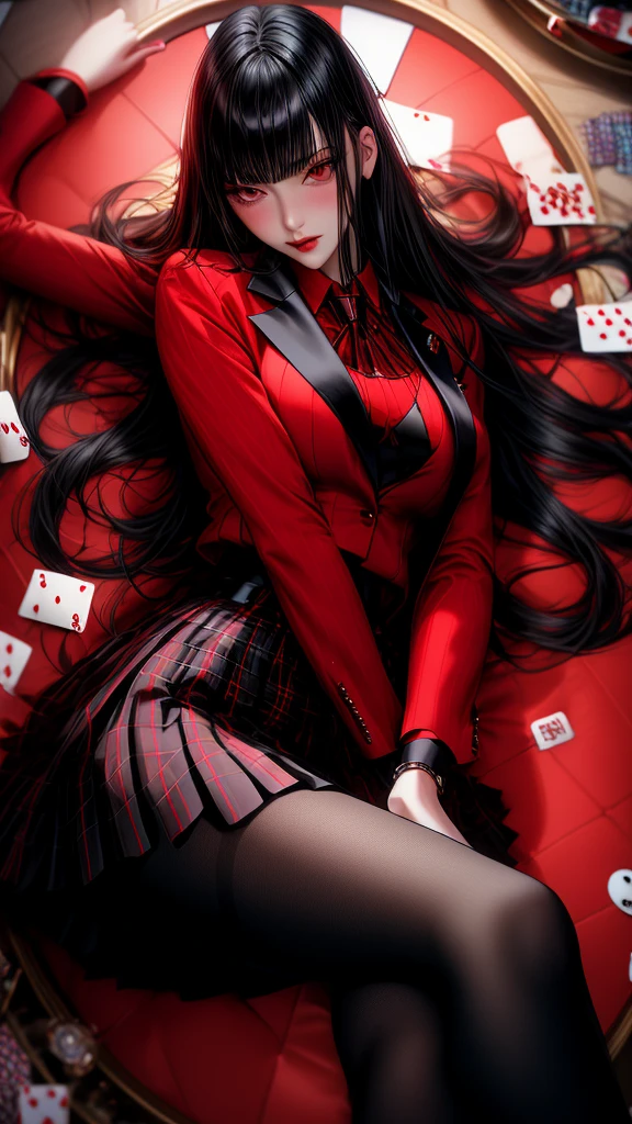 One girl, Long Hair, Blunt bangs, Red eyes, , Red jacket, Black Pantyhose, White shirt, Black Ribbon, Pleated skirt, Long sleeve,Happy,Happy face, Open your mouth,smile,Sexy face,(Blushed:1.3),Red face,breathe, heavy breathe,psycho smile,gone crazy,View your viewers,classroom,masterpiece,Highly detailed CG Unity 8k wallpaper, Highest quality,32K,Sharpen your focus, Lie face up on the floor