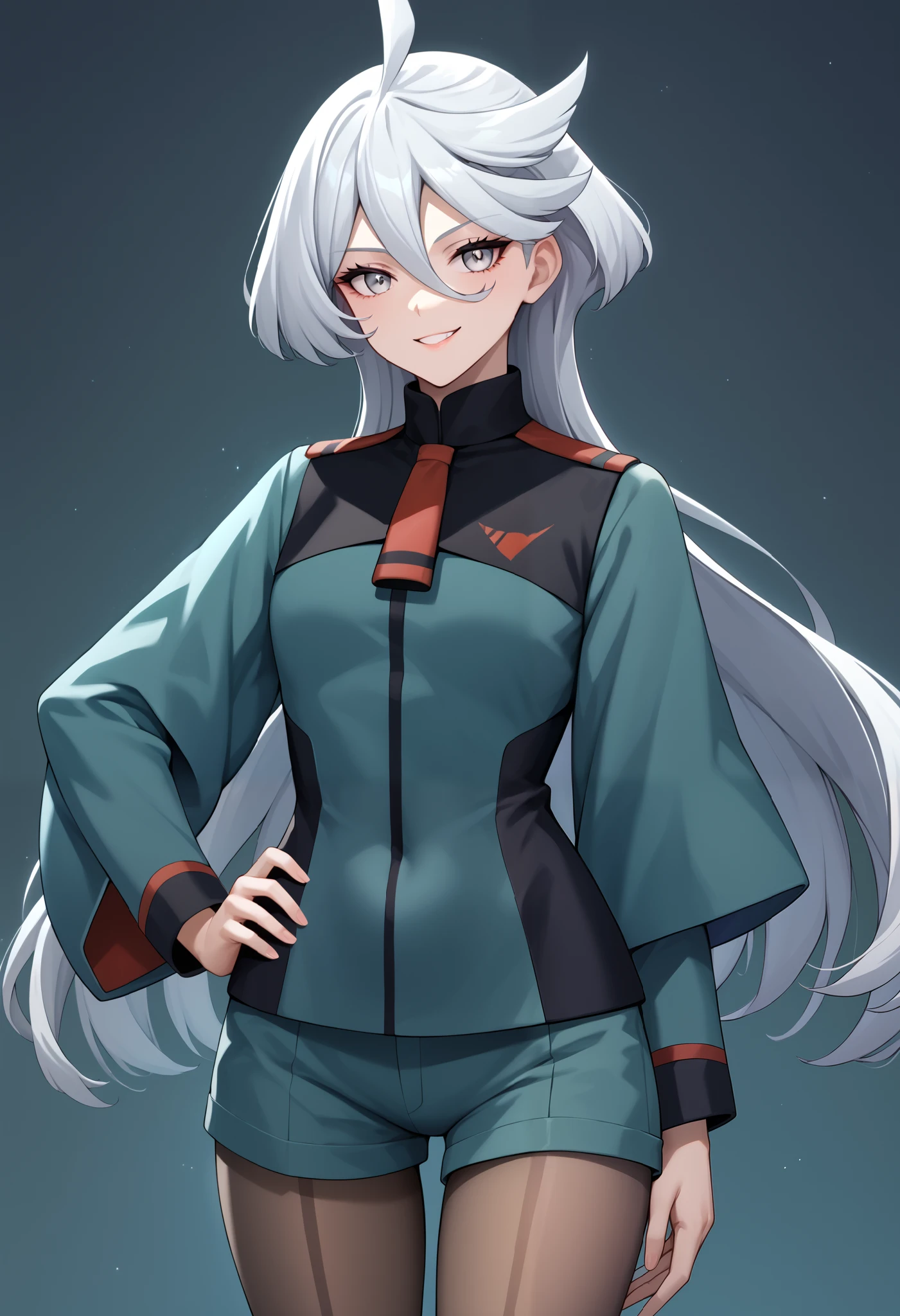 score_9, score_8_up, score_7_up, score_6_up, source_anime, 1 girl, miorine rembran, ahoge, grey eyes, grey hair, hair between eyes, long hair, swept bangs, asticassia school uniform, front-seamed legwear, green jacket, green shorts, jacket, long sleeves, pantyhose, pantyhose under shorts, school uniform, seamed legwear, shorts, shoulder boards, wide sleeves, hand on hip, smirk,naughty smile, void eyes,cowboy shot,simple background
