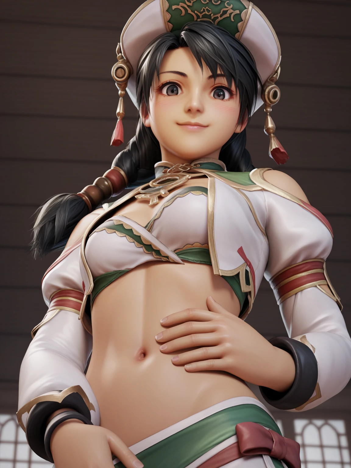 (masterpiece, best quality:1.3), (upper body, from above:1.3), perfect face, expressive eyes, 1girl, looking at viewer, 14 years old, (slim body, small breast:1.3), beautiful, anime, girl, lora, talim, 1girl, dark skin, black hair, braid pigtails, white hat, arabic clothes, see-through, (topless, female masturbation:1.5), (corrupt, brainwashed, hypnotized, mind controlled:1.5), (evil smile:2.0), (big cute eyes:1.5), (empty eyes, simple eyes, glowing red pupils:2.0), (crotch tattoo, glowing tattoo:1.5), (church, inside room,stained glass colored:1.5)