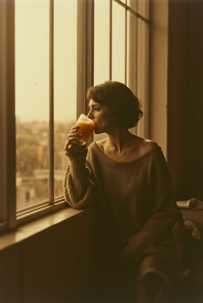 (masterpiece) (sepia photography) (Highest quality) A hyper-realistic sepia-toned scene of a woman sitting by a large window, sipping from a glass of orange juice. She is dressed in an oversized sweater that falls off one shoulder, emphasizing her elegant collarbone. The warm morning sunlight filters through the window, casting gentle shadows across her serene expression, creating a nostalgic and intimate atmosphere. Behind her, the sky, muted in sepia tones, hints at the glow of a rising sun.