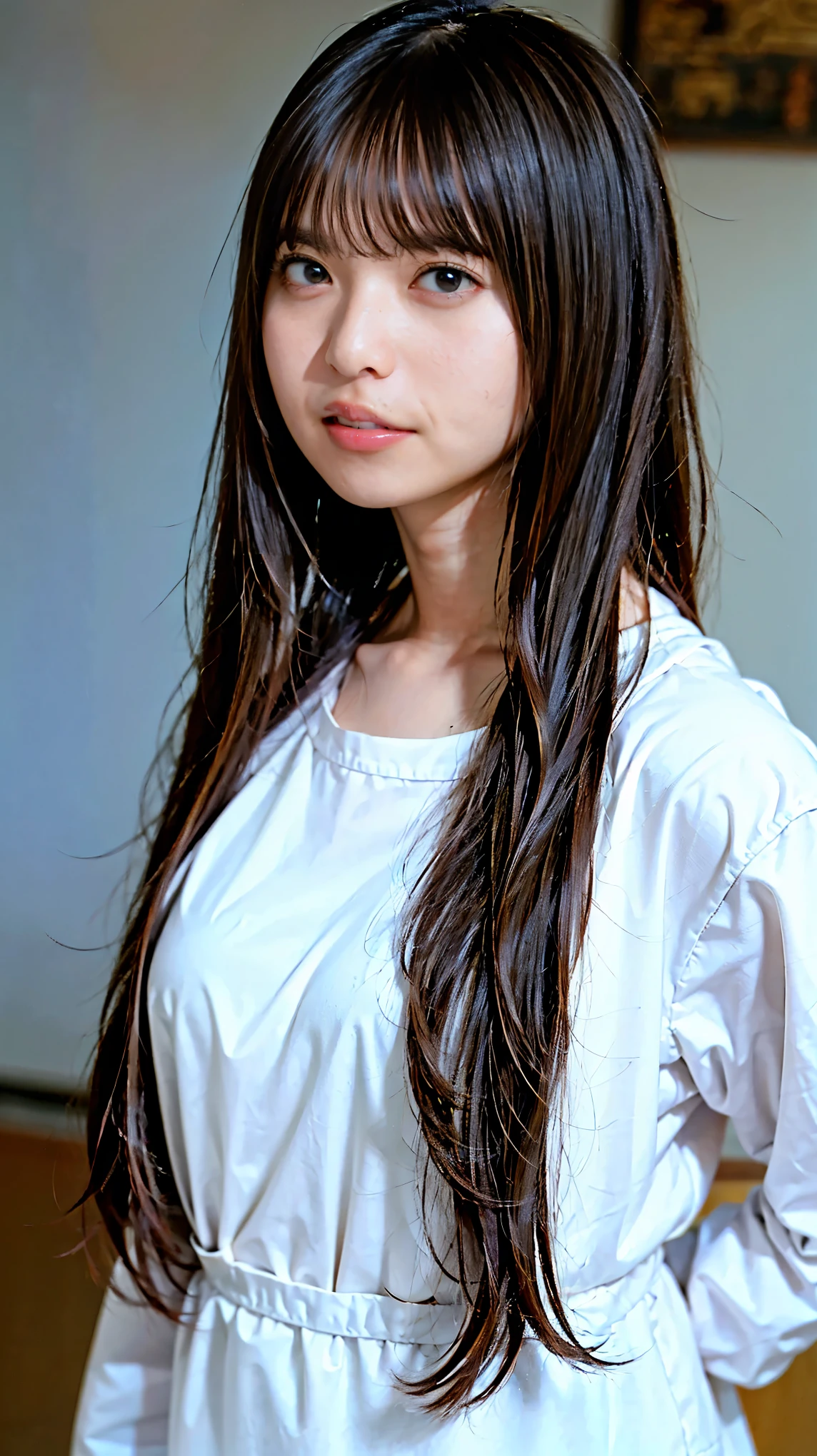 japanese girl,30 old,(bangs,long hair ),(full open cosplay:1.5),highly detailed eyes, (white skin:1.1,heavy makeup), highest quality, Super detailed,front open jacket,squat