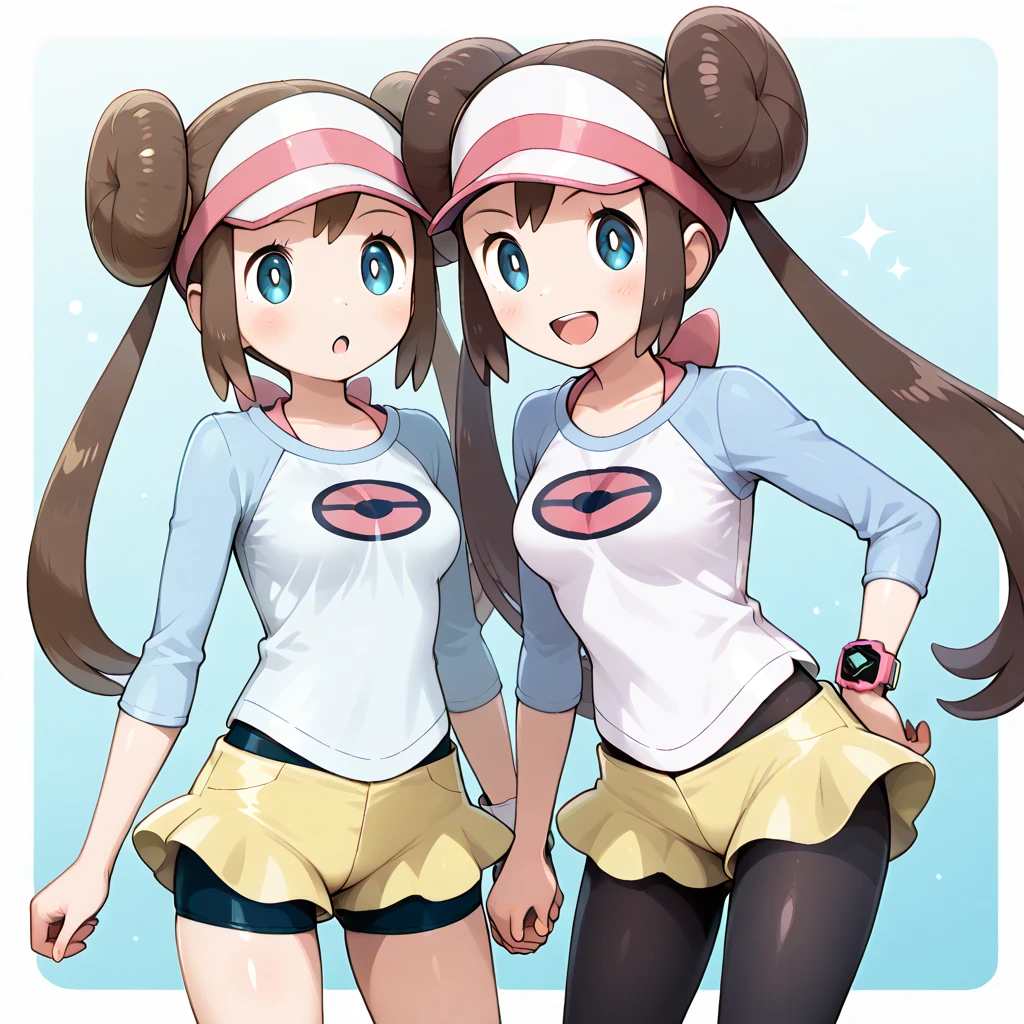 aarosa, long hair, brown hair, double bun, twintails, visor cap, blue eyes, medium breasts, collarbone, pink bow, shirt, raglan sleeves, wristwatch, short shorts, yellow shorts, pantyhose under shorts, black pantyhose