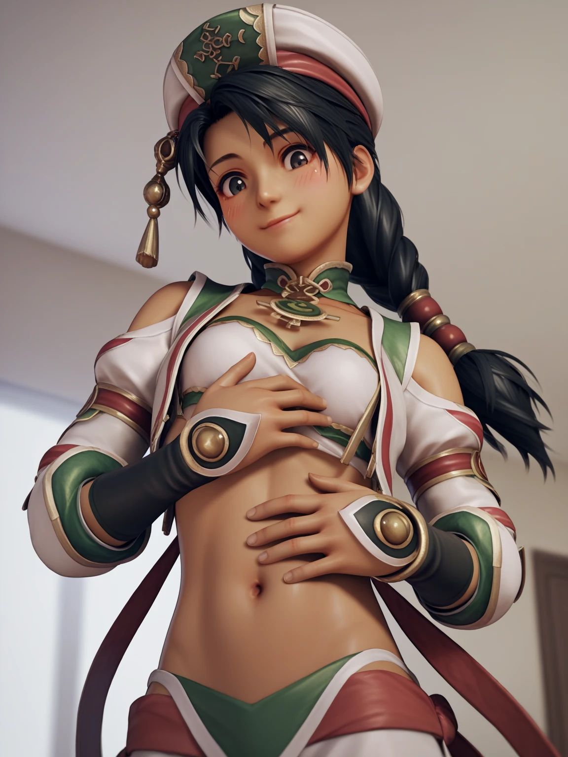 score_9, score_8_up, score_7_up, score_6_up, score_5_up, score_4_up, BREAK, source_anime, 1girl, talim, hat, black hair, twintails, braid, dark skin, navel, midriff, , smile, upper body,, solo, , 3d, realistic, room, cute, looking down, head down, blush, hand on own stomach, deep navel,from bellow, looking down at viewer,
