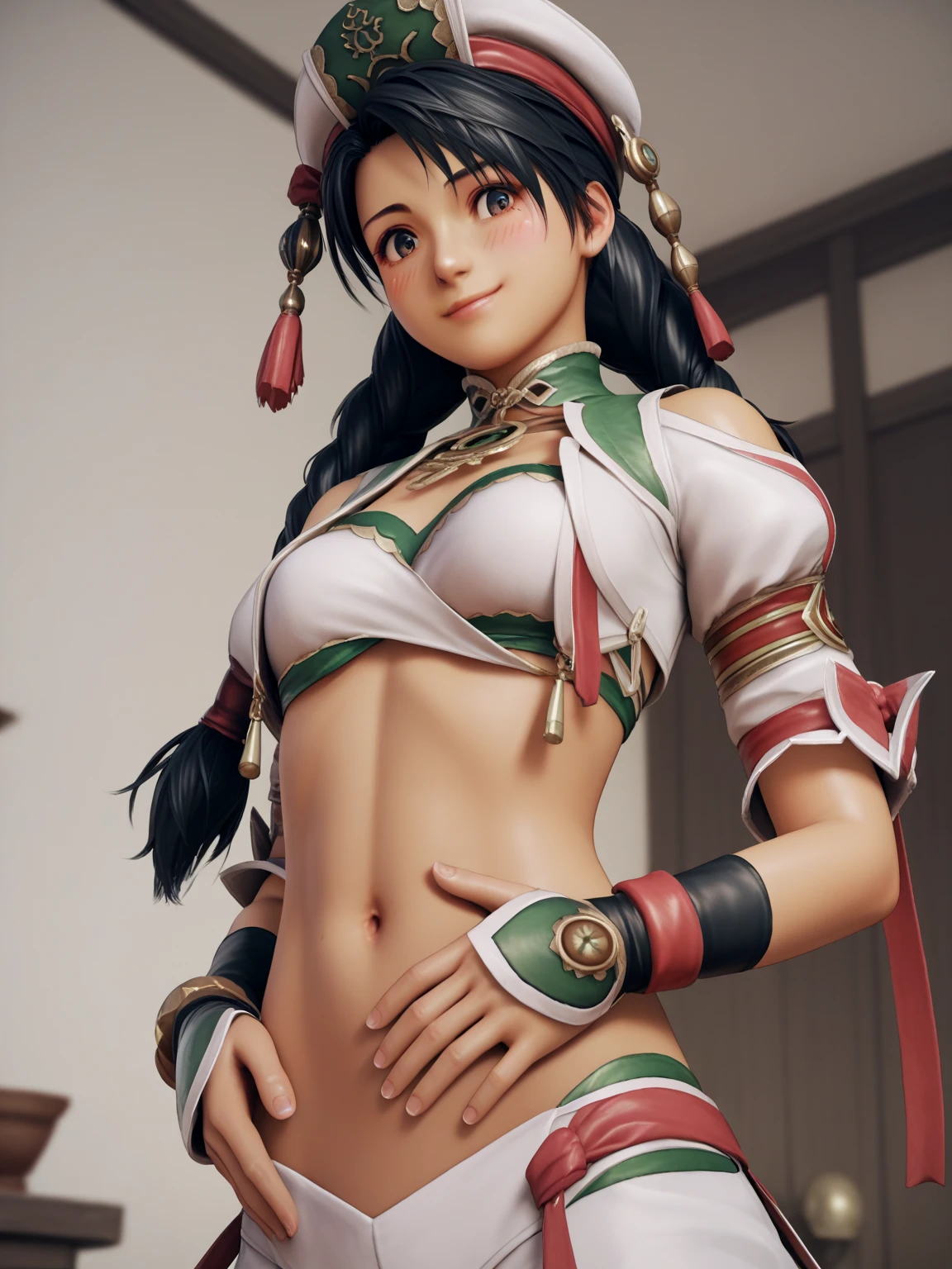 score_9, score_8_up, score_7_up, score_6_up, score_5_up, score_4_up, BREAK, source_anime, 1girl, talim, hat, black hair, twintails, braid, dark skin, navel, midriff, , smile, upper body,, solo, , 3d, realistic, room, cute, looking down, head down, blush, hand on own stomach, deep navel,from bellow, looking down at viewer, 5 fingers