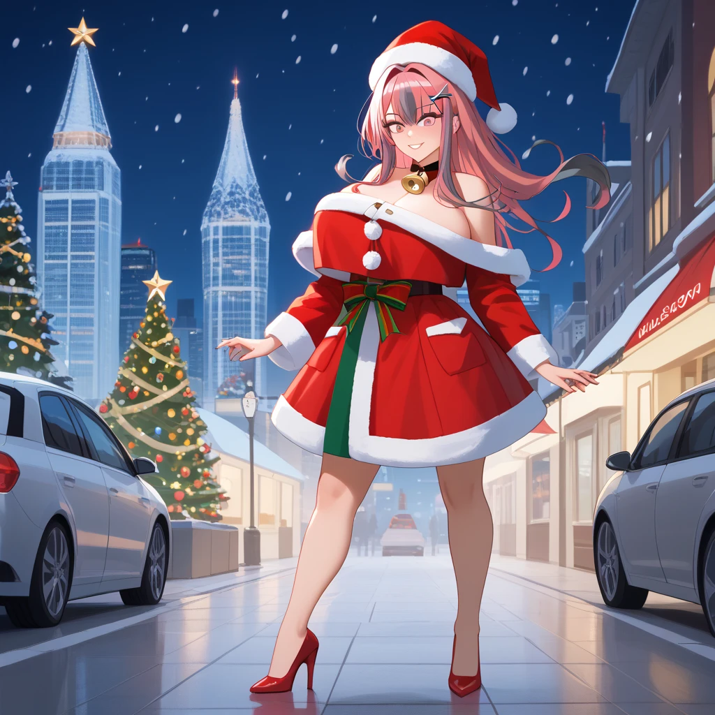 A woman wearing a Santa Claus uniform, red heels, big breasts, hot pink hair, gray fringes in her hair, multicolored hair, loose hair, smiling, pink eyes, Christmas hat, standing on a concrete sidewalk in the city of New York, place at night with Christmas decorations, blinkers, Christmas tree decorating the city, place at night, fog falling, perfect face, perfect lips, (Azur_lane, USS_Bremerton.) accurate, anatomically correct, textured skin, super detail, high quality, best quality, 8k, high resolution, bokeh effect.(solo woman), close view.
