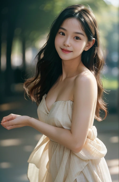 film portrait photography, 1girl, bare shoulders, wavy shoulder-length hair, serene, calm, (realistic detailed eyes, natural skin texture, realistic face details), soft dramatic lighting, depth of field, bokeh, vibrant details, finely detailed, hyperrealistic, 35mm film, hazy blur, filmg,shy smile, dancing, pink summer dress, vibrant forest