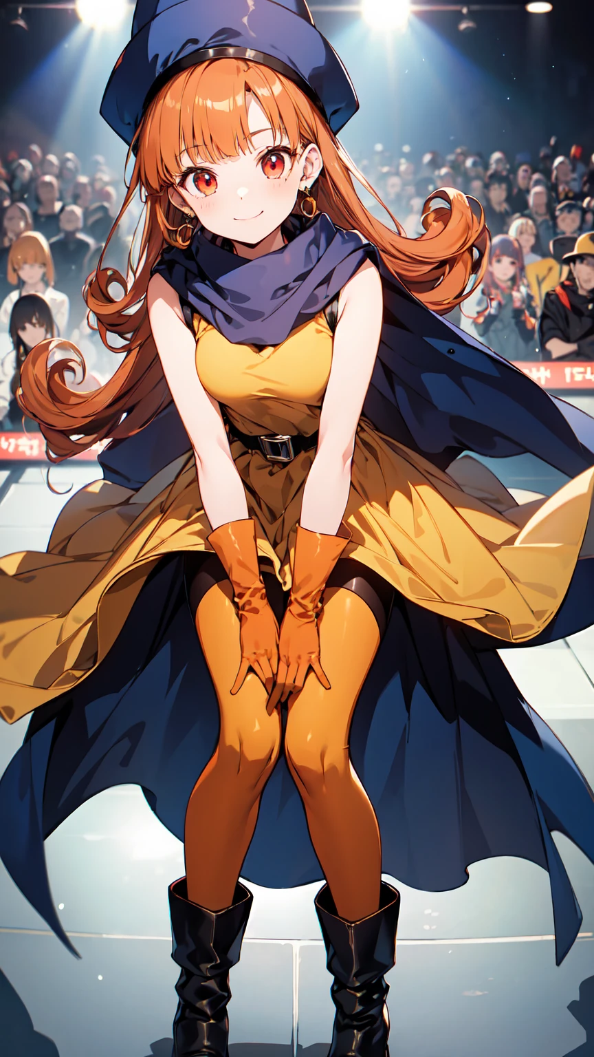 Arena - DQ4、DQ4-Arena、 black pantyhose、 Blue Cloak、 blue hat、 boots、Curly Hair、 earrings for a woman alone、 long hair、Orange gloves、 orange hair、 red eyes、 sleeveless、yellow dress、 yellow skirt 、 1 girl、One person、In-person audience、 staring at viewers、smile