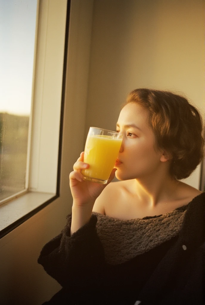 (masterpiece) (sepia photography) (Highest quality) A hyper-realistic sepia-toned scene of a woman from year 1920 sitting by a large window, sipping from a glass of orange juice. She is dressed in an oversized sweater that falls off one shoulder, emphasizing her elegant collarbone. The warm morning sunlight filters through the window, casting gentle shadows across her serene expression, creating a nostalgic and intimate atmosphere. Behind her, the sky, muted in sepia tones, hints at the glow of a rising sun.