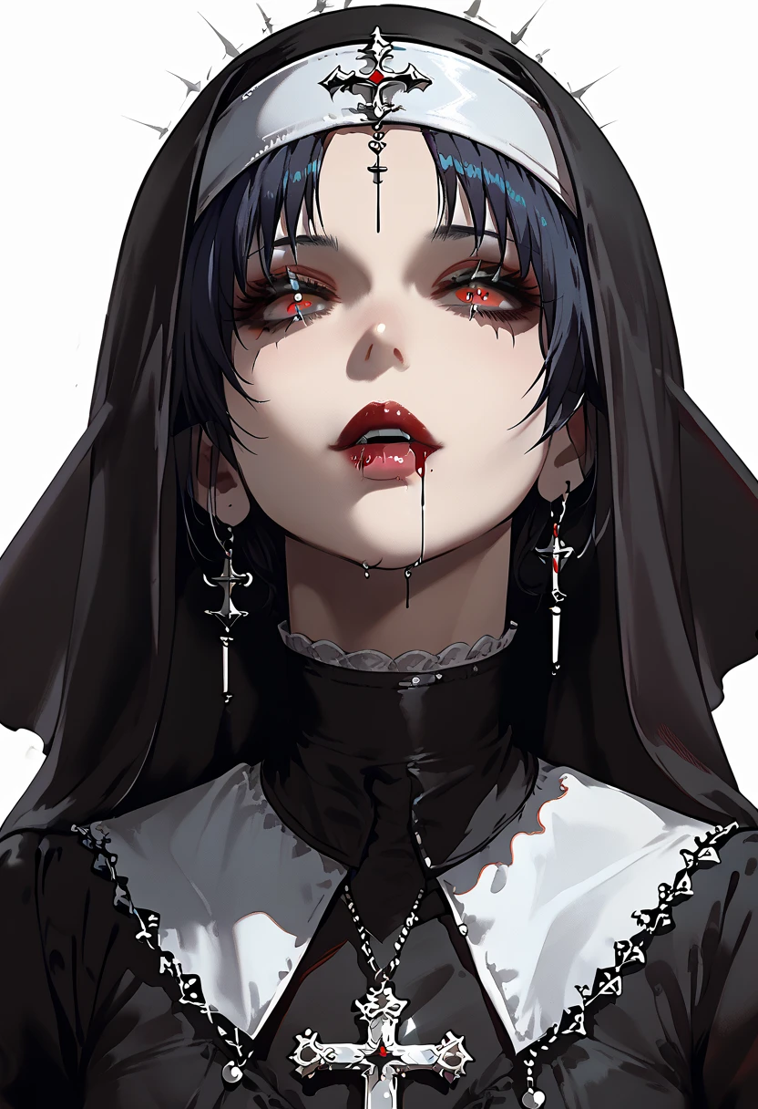 anime girl with a nun outfit and a cross necklace, sexy nun , portrait , white background 1 anime goth girl,  portrait, gothic maiden anime girl, demon anime girl, androgynous vampire, portrait of demon girl, beautiful necromancer girl, sexy suit , details hair,detailed portrait of anime girl, beauty female girl,  with background 