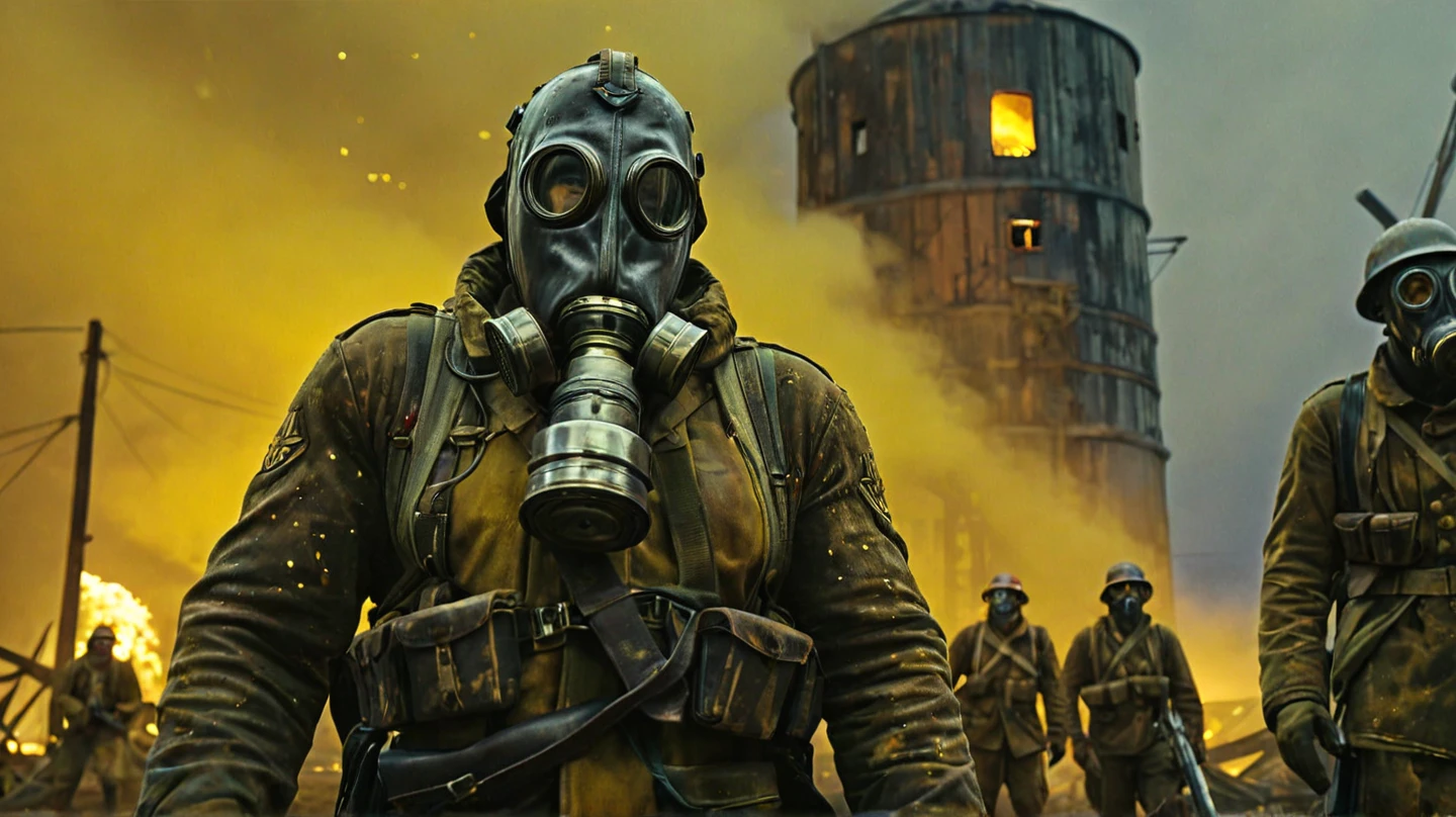 's prayer is very detailed, cinematographic,  Night, dark sky.  A full shot of the character ,  is a destroyed and burned mill and silo on fire when a group of soldiers were wearing a gas mask and carrying a gun, facing viewer ,  A thick yellow fog darkens the sky. , It darkens the sky, from below