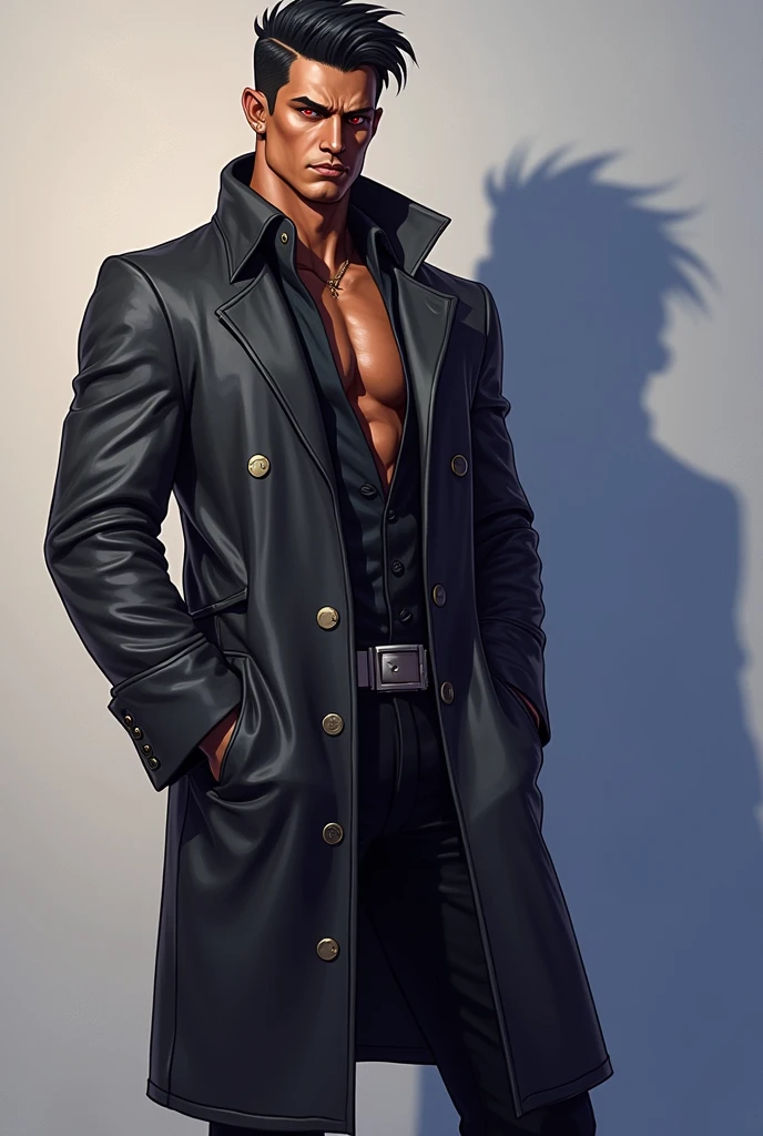 A girl with shoulder-length black hair, pele clara, cara de superior, olhos pretos e roxos, Slim body with muscles, ropa preta, He wears a very large overcoat dragging on the floor, segura uma foice, estilo do anime Jujutsu kaisen