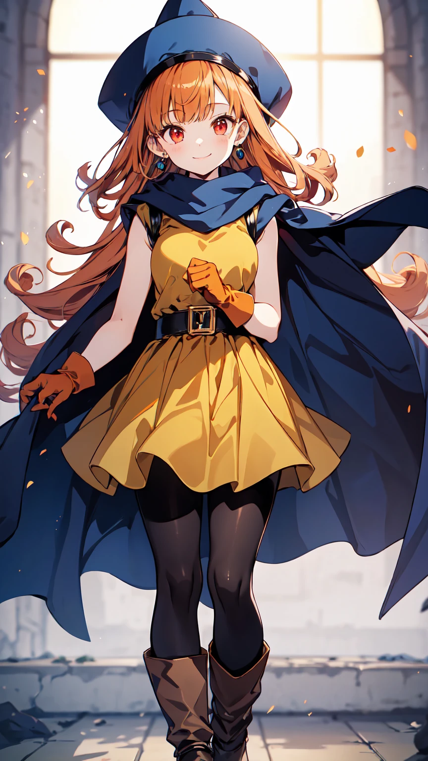 Arena - DQ4, DQ4-Arena, black pantyhose , Blue Cloak, blue hat, boots,Curly hair, earrings for a woman alone, long hair, orange gloves , orange hair,red eyes,Sleeveless,yellow dress, yellow skirt ,  1 girl, Alone, In-person audience,  viewer, smile