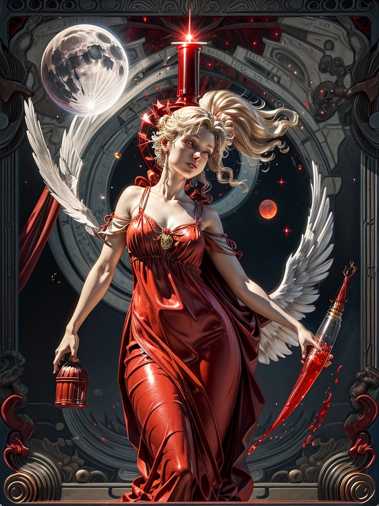 Statue of an angel holding a red glass jar with moonlight in the background