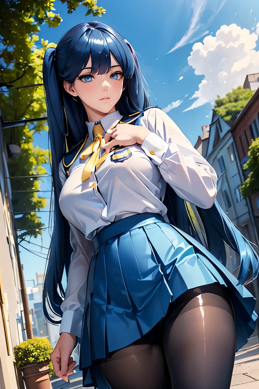 (fat legs), ((pathway)), ((perfect blue eyes)), ((glossy pantyhose)), (finely detailed eyes and detailed face:1.3), (extremely fine and beautiful:1.1), (Perfect details:1.1), sexy legs, Flora, long hair, blue hair, yellow eyes, (twintails:1.1), dark blue suit, skirt, shirt, school uniform, badge on the chest, (view from behind), (view from below)