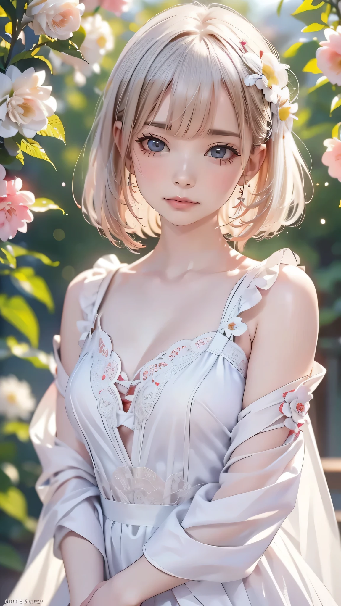 Top quality, masterpiece, gray hair, gold-eyed, odd-eyed, looking up, upper body, hair strands, fair skin, accessories, rose flowers hide breasts, random hairstyle short hair, taut pointed small breasts, slender, high school student, one girl surrounded by rose flowers, nude, 18 years old, complete anatomy, naked, no breastplate,