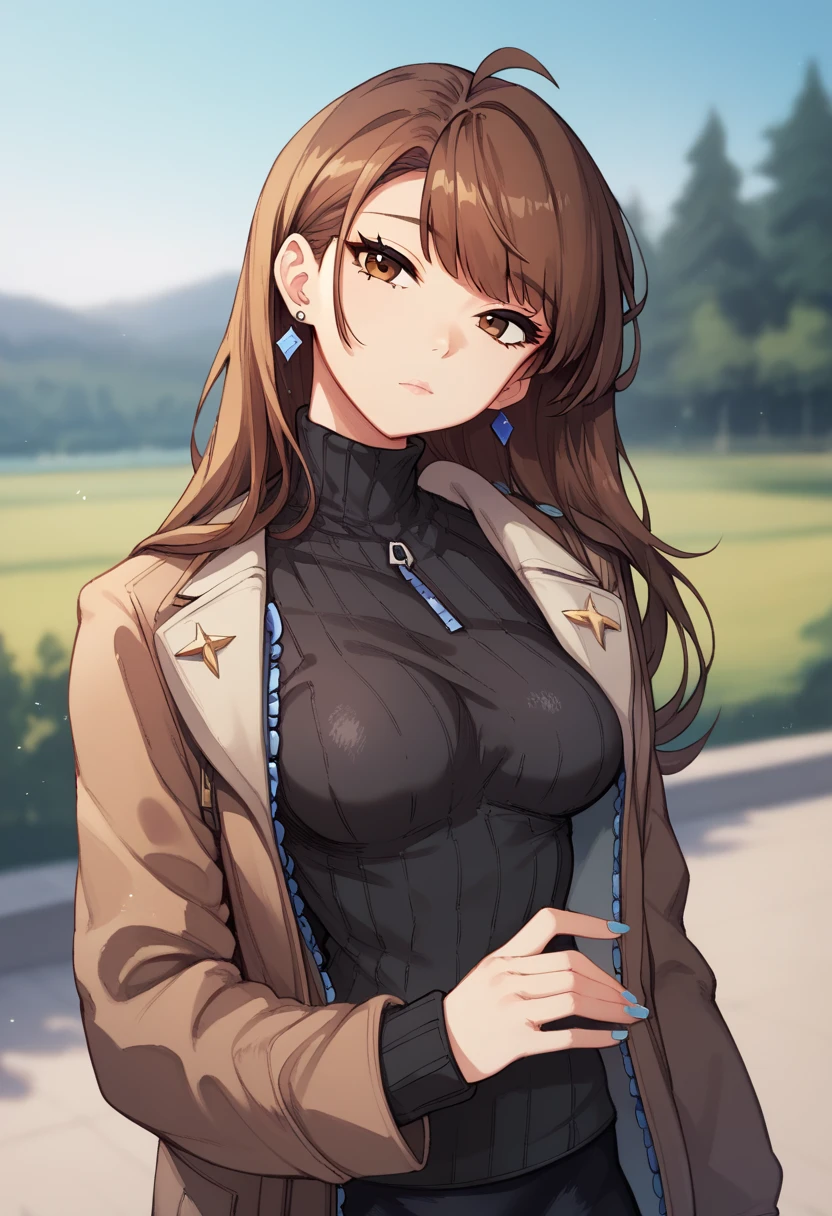 rolua,, , 1girl, ahoge, bangs, black skirt, black sweater, blue nails, blurry, blurry background, breasts, brown eyes, brown hair, brown jacket, closed mouth, dated, day, depth of field, earrings, eyelashes, hand up, head tilt, jacket, jewelry, long hair, long sleeves, looking at viewer, medium breasts, nail polish, open clothes, open jacket, outdoors, puckered lips, shirt tucked in, sidelocks, skirt, sleeves past wrists, solo, sweater, upper body, zipper, , , ((masterpiece)), , panties, cameltoe, lifting sweater