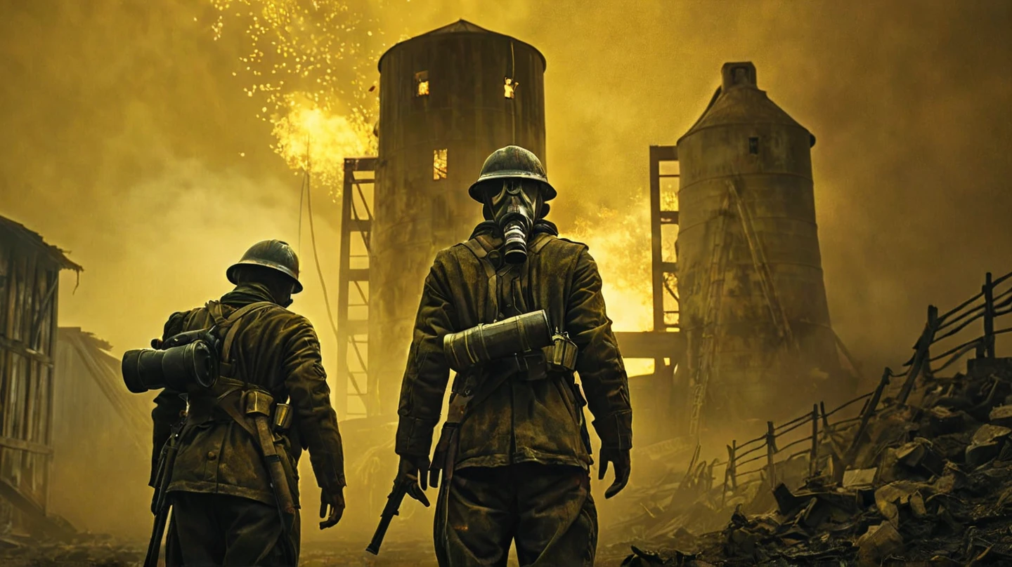 's prayer is very detailed, cinematographic,  Night, dark sky.  A full shot of the character ,  is a destroyed and burned mill and silo on fire when a group of soldiers were wearing a gas mask and carrying a gun, facing viewer ,  A thick yellow fog darkens the sky. , It darkens the sky, from below