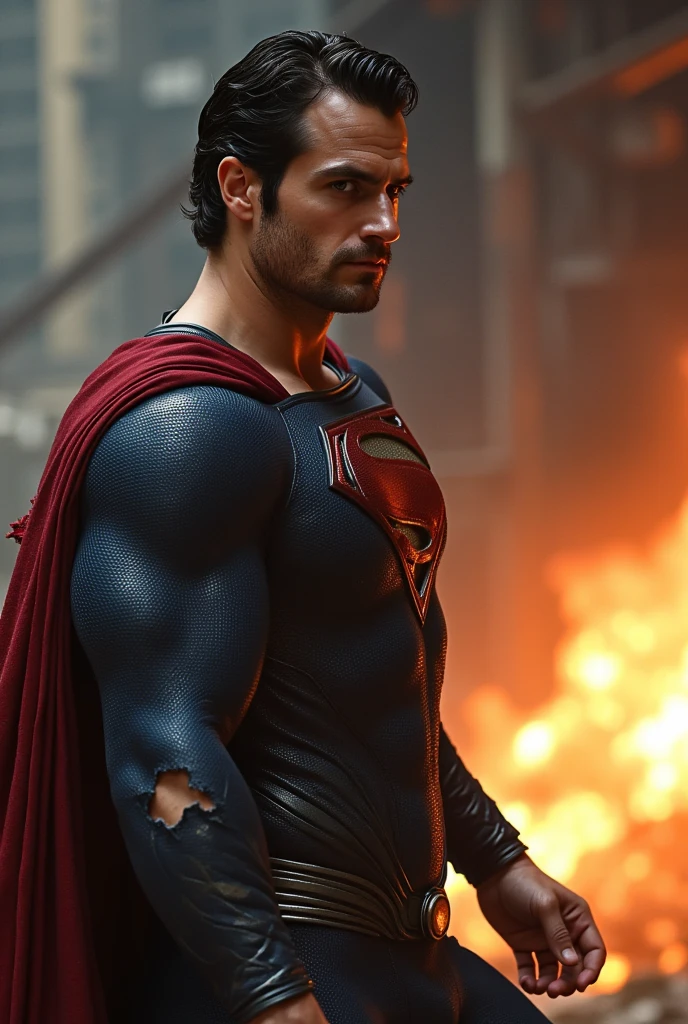 of a muscular attractive h3nr4, Henry Cavil with Short stubble, illuminated by bright, natural light, wearing a Superman suit, a defeated superhero, tattered red and blue suit, kryptonite glowing, dramatic lighting, intense battle scene, cinematic composition, moody color tones, photorealistic rendering, intricate details, masterpiece