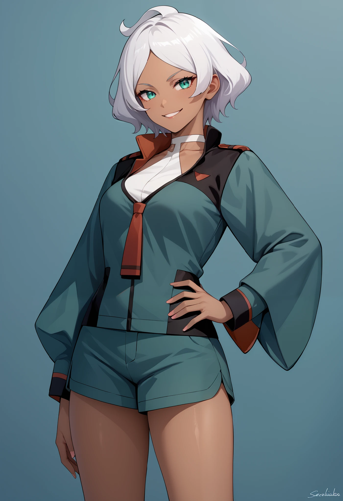 score_9, score_8_up, score_7_up, score_6_up, source_anime, 1 girl, seceliadote, secelia dote, dark skin, dark-skinned female, green eyes, short hair, white hair, asticassia school uniform, green jacket, jacket, school uniform, shirt, shoulder boards, thighs, white shirt, bare legs, hand on hip, smirk,naughty smile, void eyes,cowboy shot,simple background
