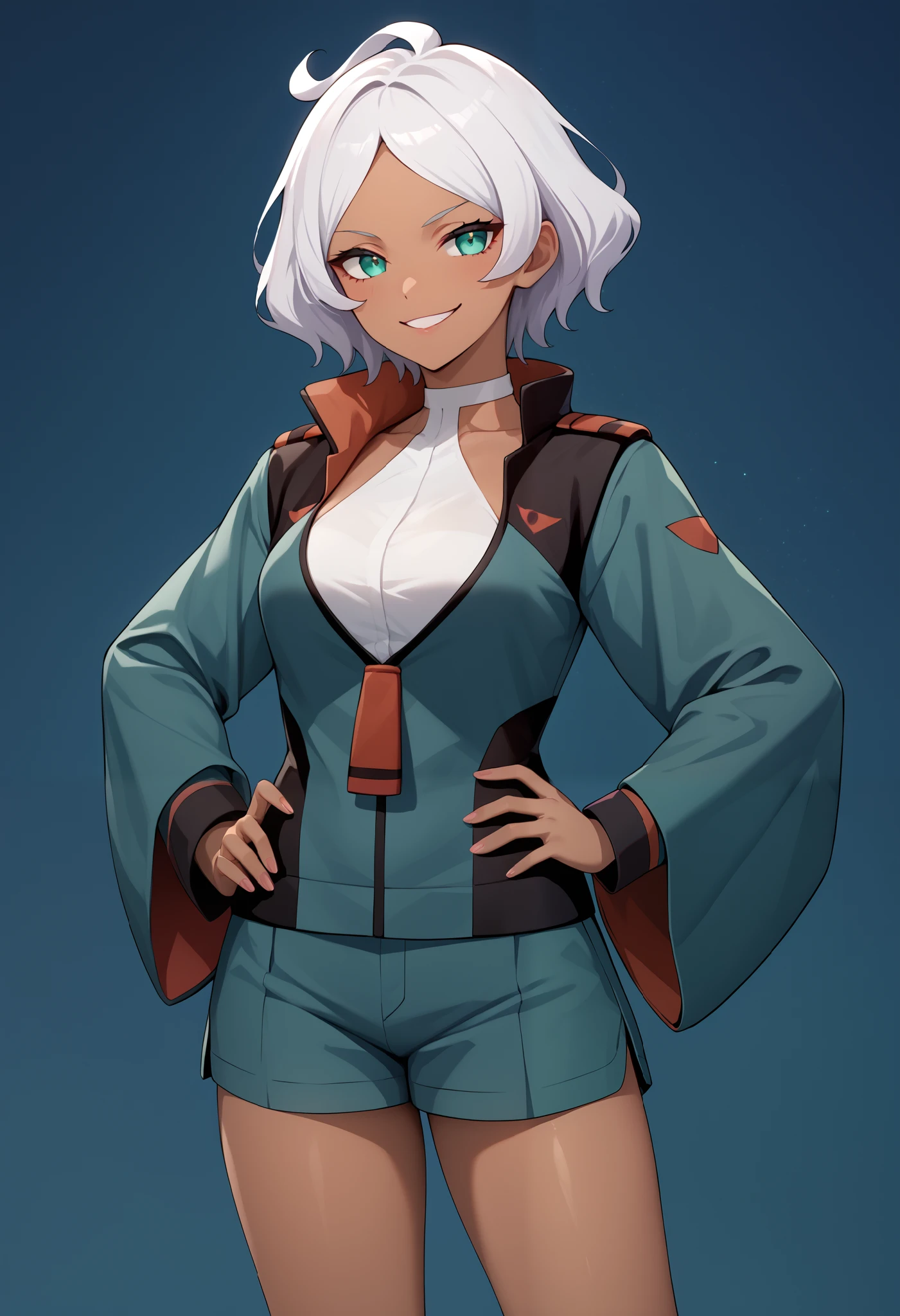 score_9, score_8_up, score_7_up, score_6_up, source_anime, 1 girl, seceliadote, secelia dote, dark skin, dark-skinned female, green eyes, short hair, white hair, asticassia school uniform, green jacket, jacket, school uniform, shirt, shoulder boards, thighs, white shirt, bare legs, hand on hip, smirk,naughty smile, void eyes,cowboy shot,simple background
