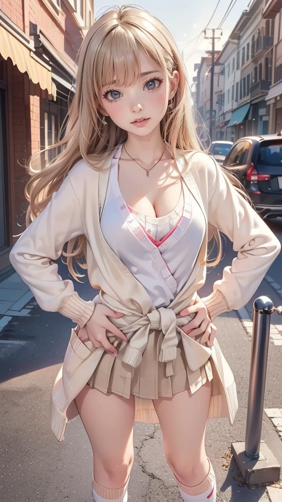 8K quality、High definition male、Blonde gal high school girl、Brown long hair、Brown eyes、Star Necklace、High school classroom at dusk、Japanese school girl uniform、Beautiful legs、Beautiful thighs、Dignified face、Small breasts、Seduce、slender、Model Body Type、Ripe body、、Rolled up hem、Sheer blouse、Open neck blouse、Put on a jacket with the sleeves rolled up