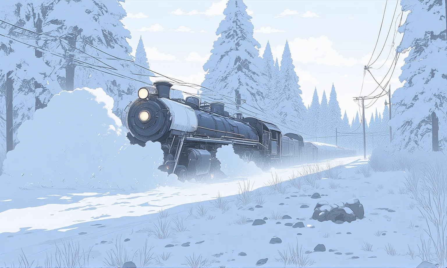 Bird's eye view. locomotive running from the upper right to the lower left in a silver world, all covered with snow. snow ruts only behind the locomotive. huge snow splash in front of locomotive. realistic. photorealistic.Snow shines reflecting the light. great focus on snow ruts.niji style