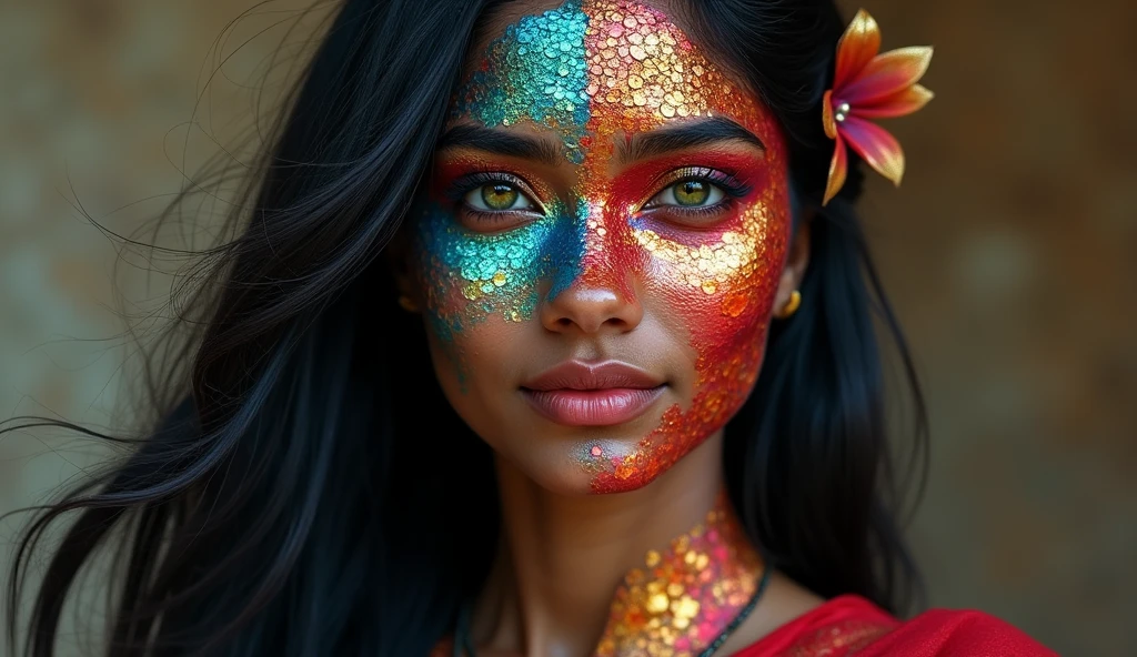 A Spanish woman with dragon-like features, her skin adorned with vibrant, crimson and gold scales that reflect the colors of a fiery sunset over the Mediterranean. Her eyes are almond-shaped and a glowing amber, radiating warmth and passion. Her facial features are strong and elegant, with high cheekbones and a defined jawline, embodying the fierce yet graceful spirit of Spain. Her dark hair flows like a river of night, interwoven with small, scale-like patterns, hinting at her mystical nature.