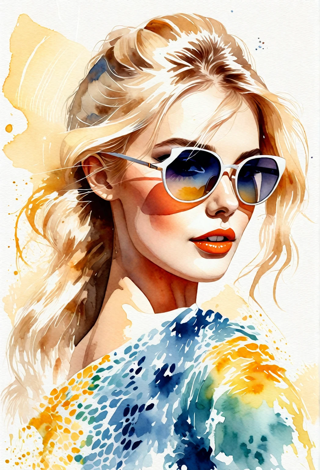 Watercolor, vector style illustration of a fashionable blonde girl, wearing cat eye sunglasses, White background. Isolated subject