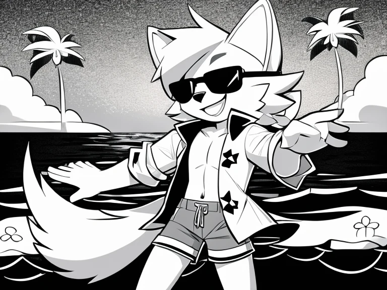 Furry boy, white wolf, detailed body color, open shirt, shorts, background, beach, flower, hair, sunglasses, wide smile, monochrome, multiple, pop art, best quality, high quality, taste, masterpiece. 