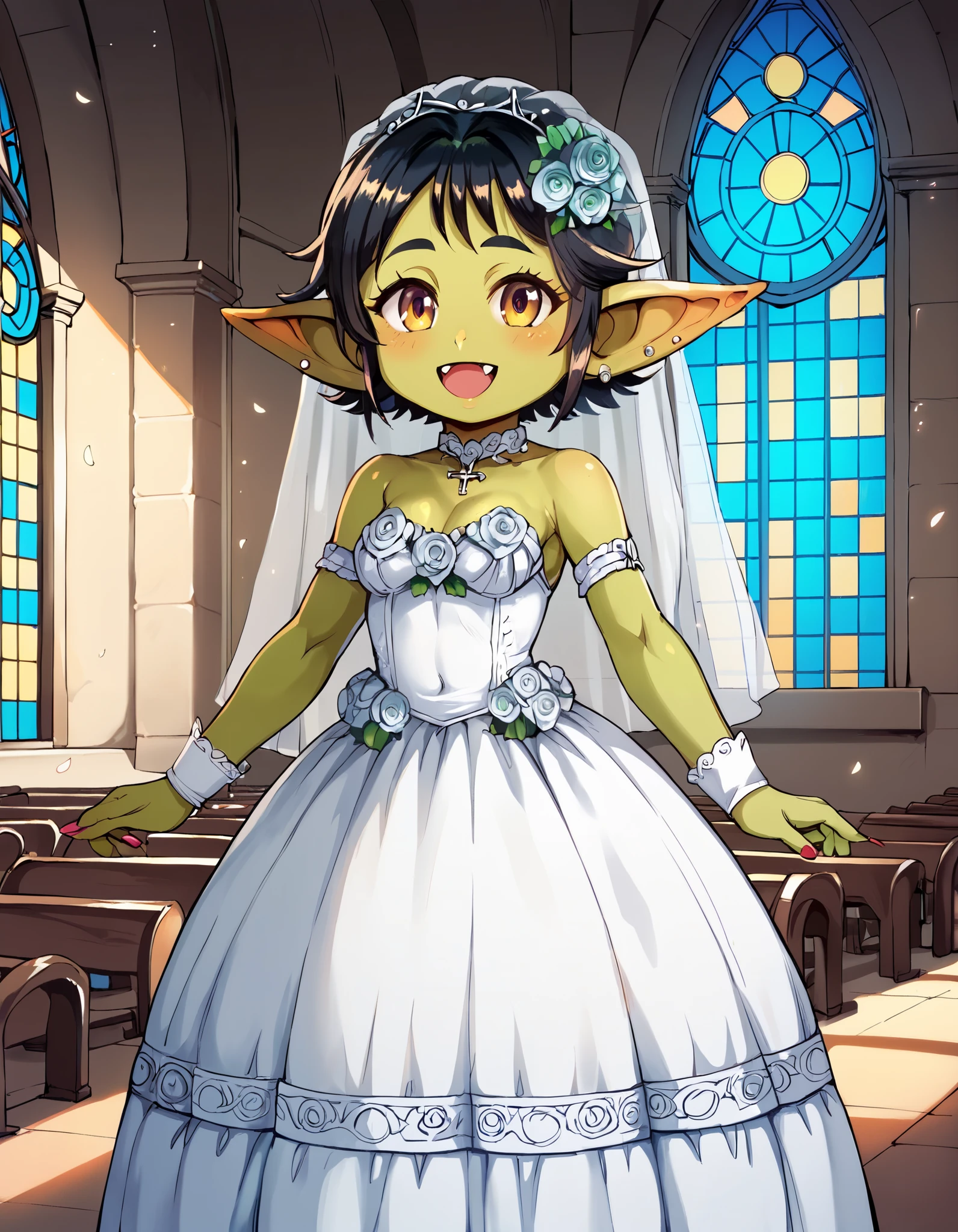 score_9, score_8_up, score_7_up, (((1 girl))), wedding_dress, green goblin girl, indoors, church, happy face, perfect beautiful face, standing, (((personless background)))